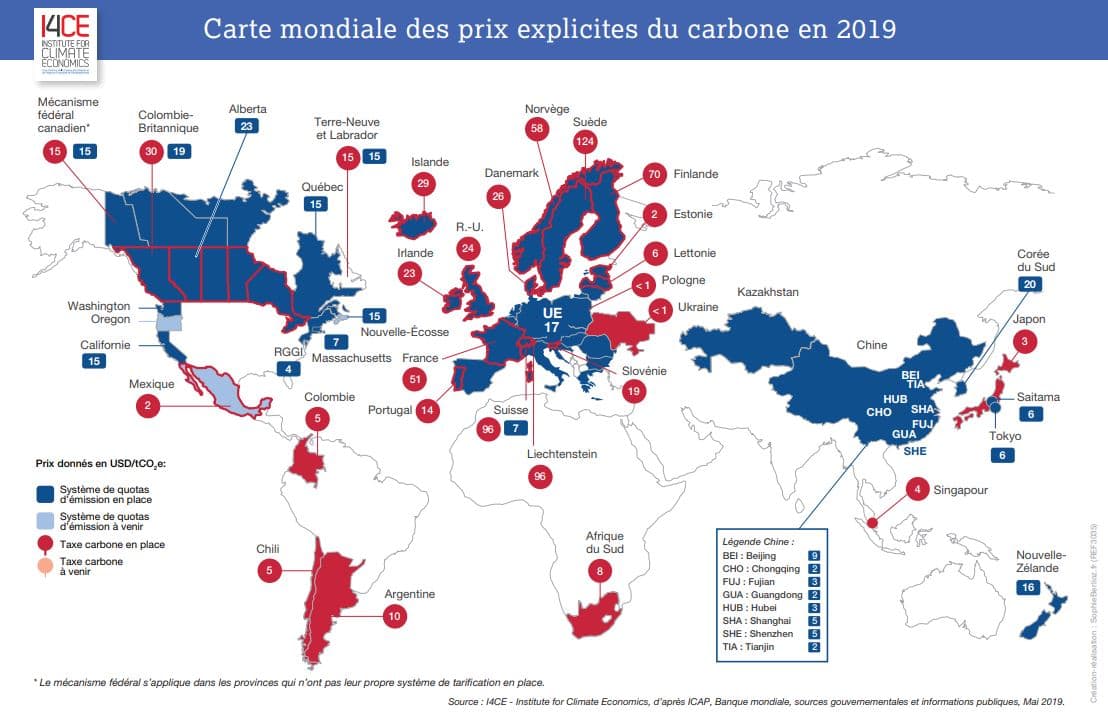 Carte mondiale des prix explicites du carbone en 2019